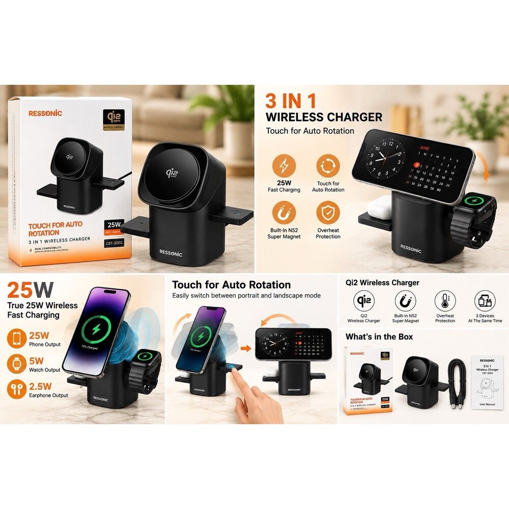 Ressonic 25 W 3 In 1 Wireless Charger Touch Auto Rotation